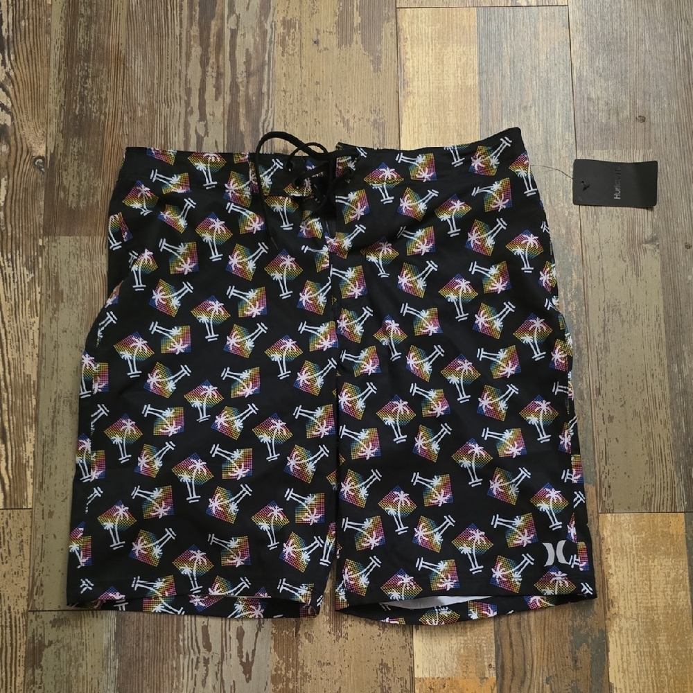 Hurley Men's Board Shorts Swim Trunks Black Palm Trees Size 32 NWT